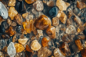 Close-up of wet river stones in natural light. AI generated