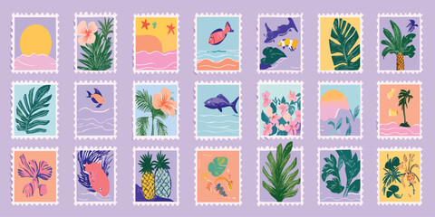 Vintage-style postage stamps featuring tropical scenes