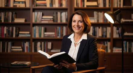 Smiling professional woman reading a book in a sophisticated library, symbolizing wisdom, continuous learning, and intellectual growth in a business and academic setting.