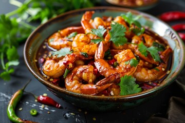 Spicy shrimp rice bowl close-up with fresh herbs. AI generated