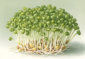 Watercolor painting showcases mung bean sprouts with delicate roots, ideal for seed packaging or healthy food promotions