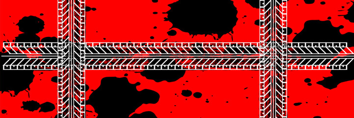 Obraz premium Auto tire tread grunge element. Car and motorbike tire patterns, wheel tire tread marks. Black tire print. Vector illustration isolated on red background. Vector Illustration