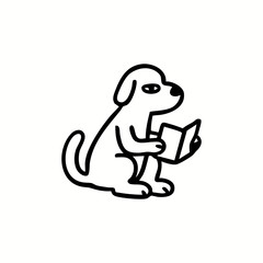 A simple black line drawing of a dog sitting and holding a book