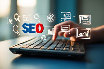 Hands Typing on Laptop with SEO Keywords and Digital Marketing Icons