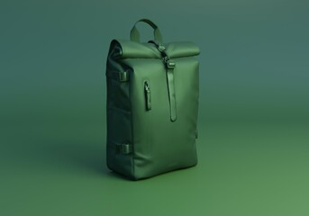 Green backpack isolated on green background with copy space. Eco sustainable travel concept. Minimal 3d rendering.