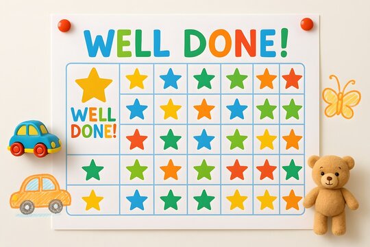 Colorful Kids Reward Chart with Stars and Toys, Positive Reinforcement for Children, Parenting, and Education