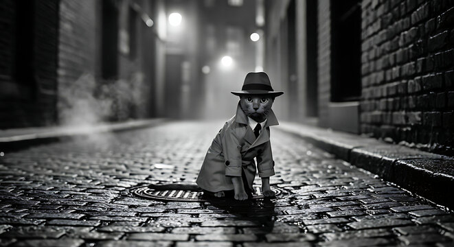Fototapeta Stylish Abyssinian cat detective in trench coat and fedora hat on a dark cobblestone street at night, noir style, monochrome photography