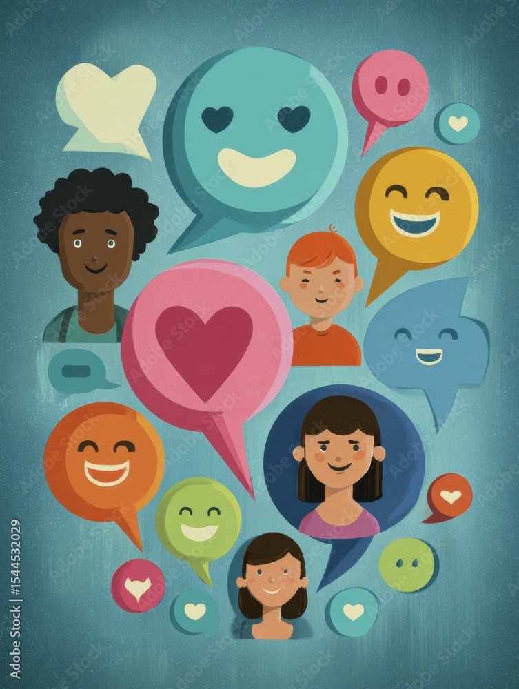 Poster community support web features smiling faces and hearts promoting unity and kindness among diverse i