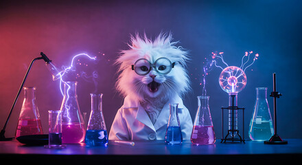 Funny fluffy white cat scientist in lab coat performing experiment with beakers, plasma ball, and electric sparks in dark studio with neon lighting