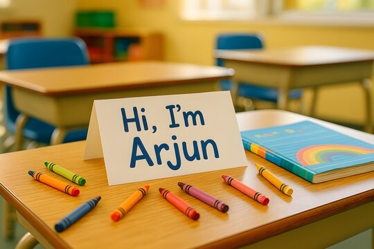 First Day of School Desk With Name Tag &lsquo;Hi, I&rsquo;m Arjun&rsquo;. Crayons, Workbook, Bright Classroom. Back to School, Childhood Education, Diversity Concept