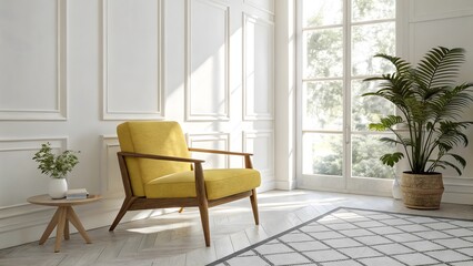 Modern living room interior with yellow armchair and big window.