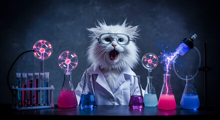 Fluffy white cat scientist in lab coat conducts experiment with plasma balls and beakers, funny pet in science laboratory setting, quirky humor concept