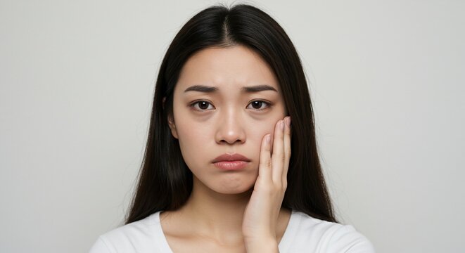 Young Asian Woman with Dark Circles Under Eyes Holding Her Face