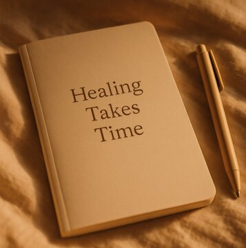 Therapy Journal on Bed with Pen, &ldquo;Healing Takes Time&rdquo; Quote, Warm Light, Mental Health and Self-Care Mood