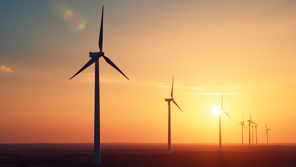 Fototapeta premium Wind Turbines Stand Tall Against a Vibrant Sunset Sky Emphasizing Renewable Energy and Sustainable Environment