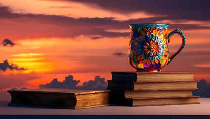 Vibrant Sunset Background with Mug and Books

