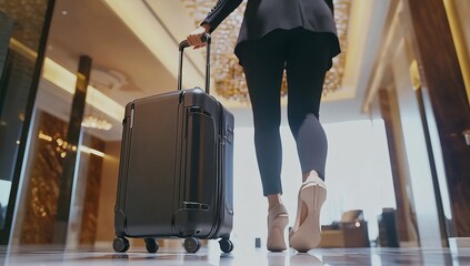 A woman with a white backpack and black jeans is walking in the airport, pulling her luggage behind her. 