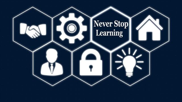 A Never Stop Learning concept on a futuristic .Hi tech motion graphic background, white flickering dots on dark background .