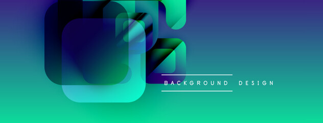 Abstract gradient shapes overlap, creating modern visual. Teal, blue hues dominate design, with text elements present.