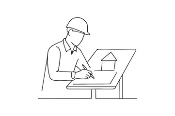 Architect working at desk continuous one line drawing minimalism design