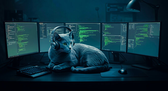 Gray cat wearing headphones sits on desk with multiple computer monitors displaying green code; programmer, pet, technology, night, dark, cool, mysterious