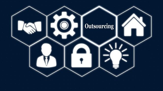 A Business Outsourcing concept. Hi tech motion graphic background, white flickering dots on dark background .