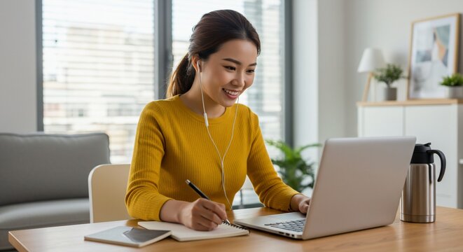 Young Asian woman working from home taking notes during a video call