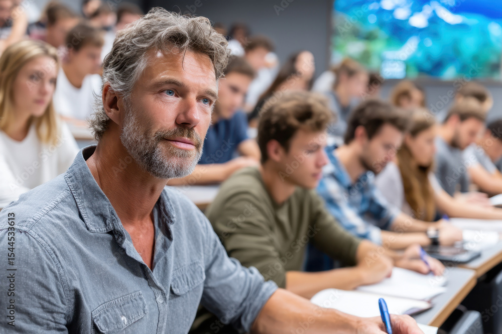 Poster learning environment with engaged adult students in lecture setting during daytime