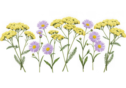 Yellow yarrow and purple aster flowers isolated on transparent background