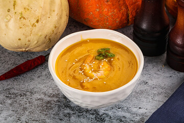 Pumpkin cream soup with prawns