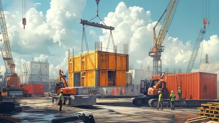 Construction Site: Cranes, Containers, and Construction - Powered by Adobe