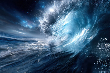 Majestic ocean wave crashing under a starlit sky during calm night hours