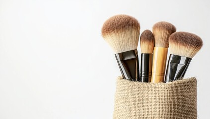 Makeup bag with brushes and cosmetics in a jute sack, isolated on a white background. Panoramic photo, realistic, ultra-realistic, cinematic lighting, high-resolution photography. 