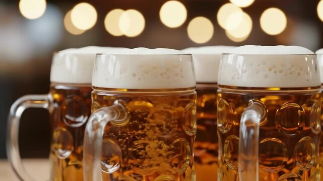 Closeup of several full beer mugs with frothy tops against a blurry background