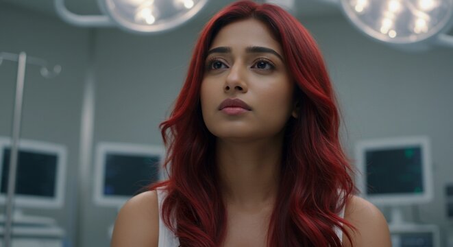 Contemplative Woman with Red Hair in a Medical Setting - Powered by Adobe