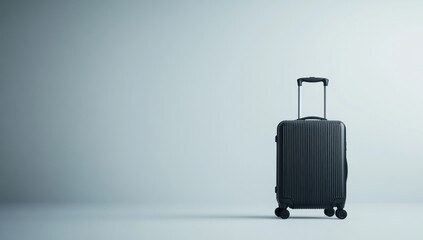Photo of a black suitcase on wheels, standing upright against a plain background. Web banner with copy space to the right