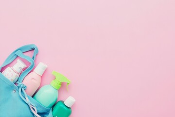 Photo of a blue bag with baby bottles and a green spray bottle on a pink background, top view. Web banner with copy space on the right. 