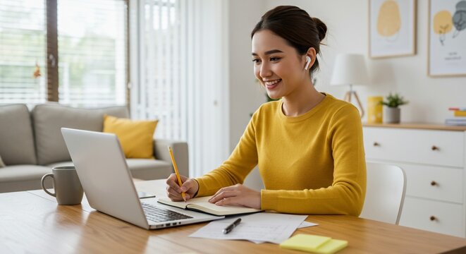 Smiling Asian woman working from home taking notes during a video call