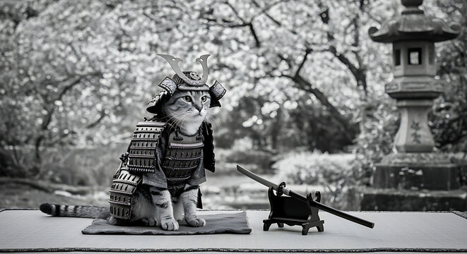 Brave Samurai Cat in Japanese Garden, Wearing Traditional Armor, Black and White Photo