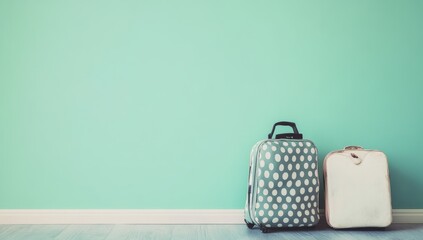 Photo of a polka-dot travel suitcase and an empty teal wall background, symbolising the beginning or end of your journey. Web banner with copy space on the right for text.