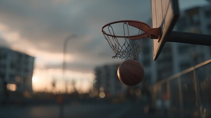 Basketball hoop with ball mid-air approaching the net on an outdoor court