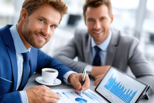 Two business professionals collaborating on financial analysis in a modern office setting