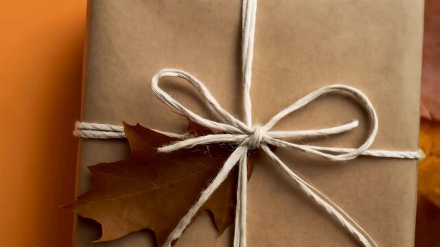 Overhead angle shows a gift box wrapped in brown paper and tied with string, embellished with a dried leaf on an orange background.