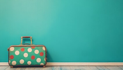 Photo of a polka-dot travel suitcase and an empty teal wall background, symbolising the beginning or end of your journey. Web banner with copy space on the right for text.