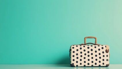 Photo of a polka-dot travel suitcase and an empty teal wall background, symbolising the beginning or end of your journey. Web banner with copy space on the right for text.
