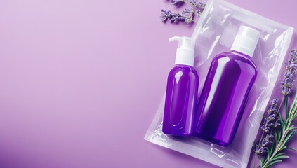 Photo of a white, transparent plastic bag with two purple bottles and one spray bottle on it, placed against a flat violet background. The top-down view captures the product in its packaging