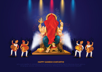 Ganesha aagman banner with lord ganesha and nashik dhol group. People celebrating.