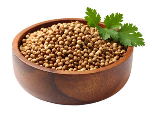 Aromatic coriander seeds presented in a rustic wooden bowl still life on transparent background