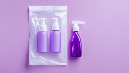 Photo of a white, transparent plastic bag with two purple bottles and one spray bottle on it, placed against a flat violet background. The top-down view captures the product in its packaging