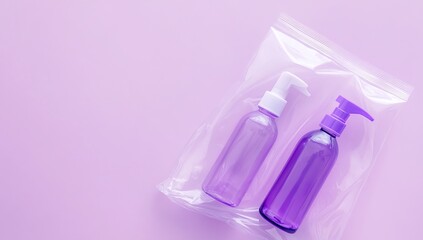 Photo of a white, transparent plastic bag with two purple bottles and one spray bottle on it, placed against a flat violet background. The top-down view captures the product in its packaging